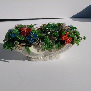 Antique French Beaded Flowers Small Arrangement in ceramic vase